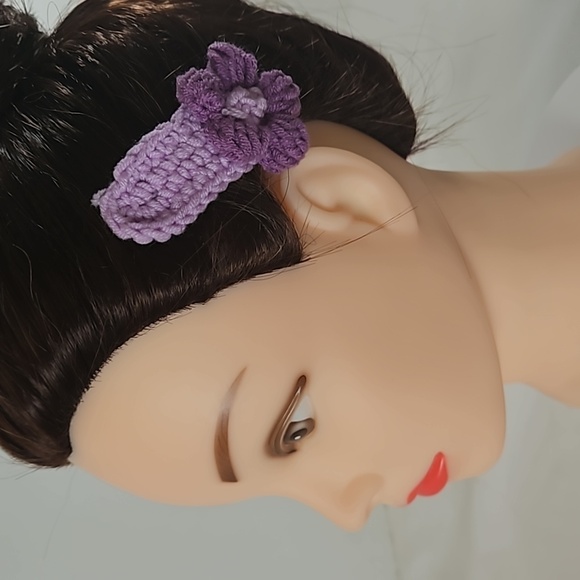 Hand Crafted Hand Knit Crochet Hair Clip Handmade Snap Clip Purple Floral Design - Picture 13 of 17